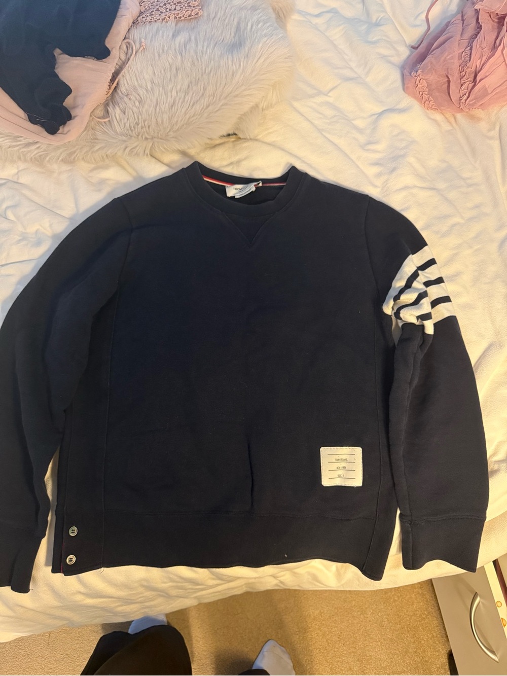 Thom Browne Navy Crewneck Sweater with White Sleeve Stripes